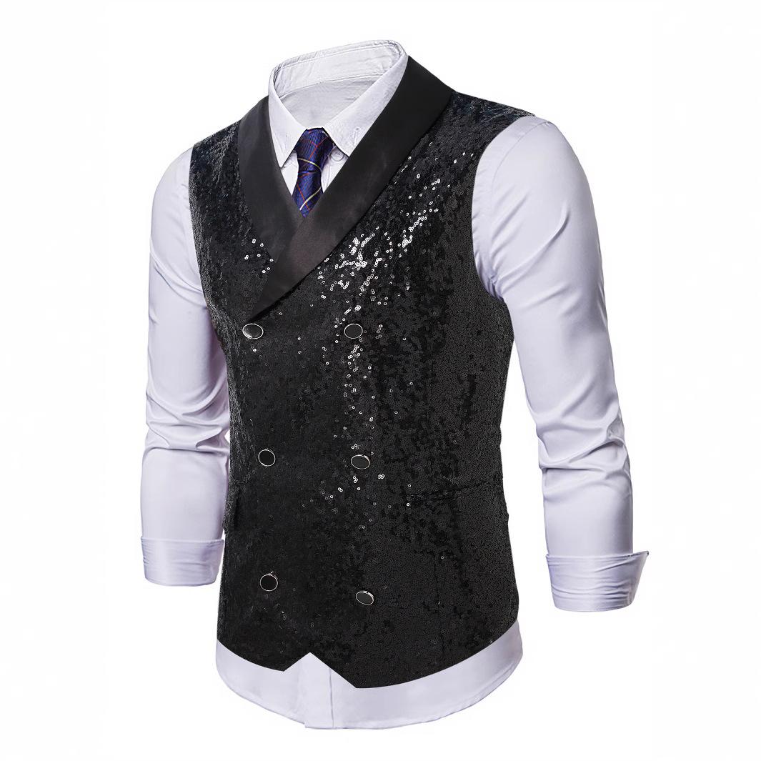 Men'S Formal Wear Waistcoat - New Men Black Sequin Double Breasted