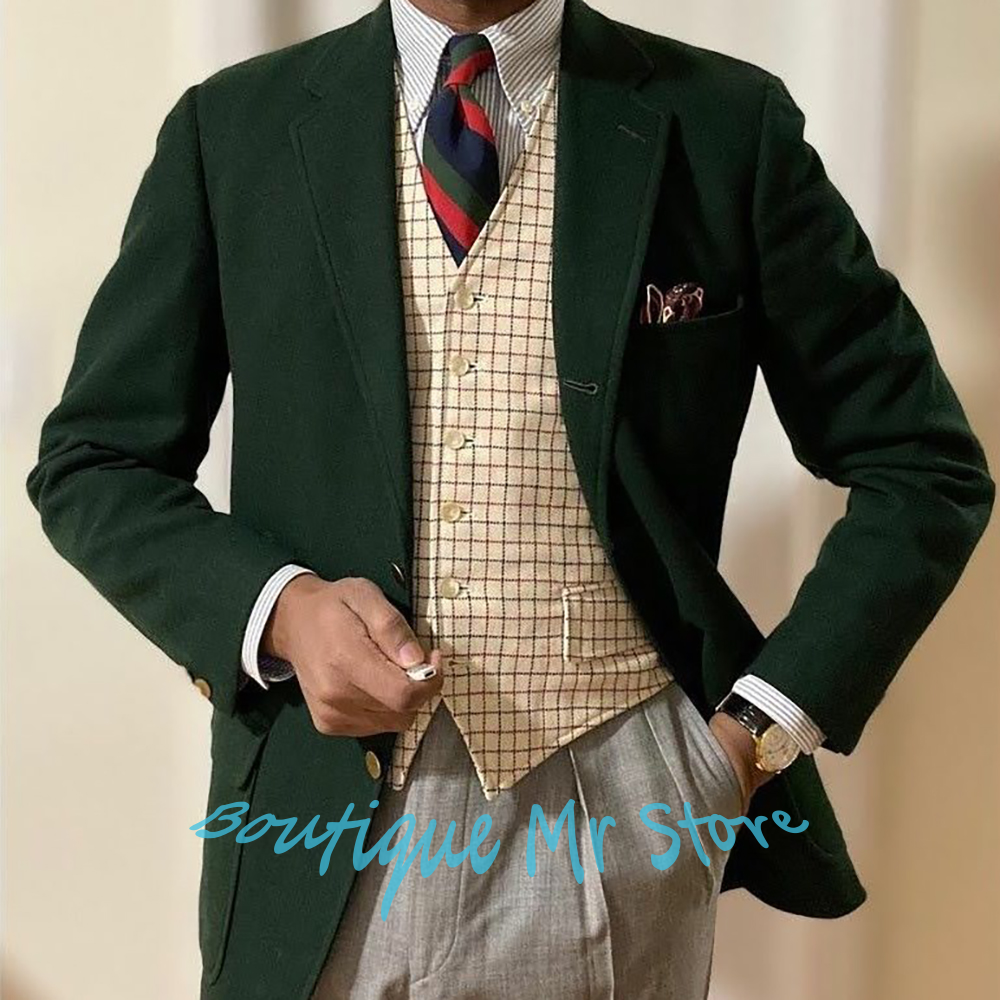 Men'S Formal Wear Waistcoat - Men's Woolen Dark Green Blazer Three-Piece